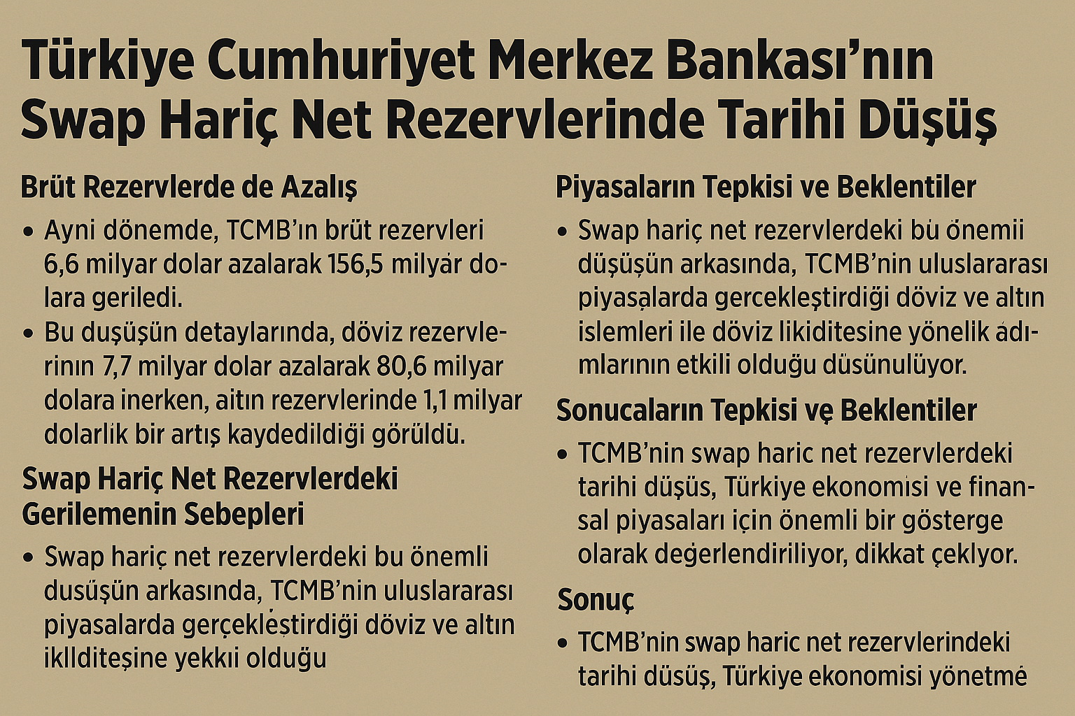 Türkiye Cumhuriyet Merkez Bankası’nın Swap Hariç Net Rezervlerinde Tarihi Düşüş