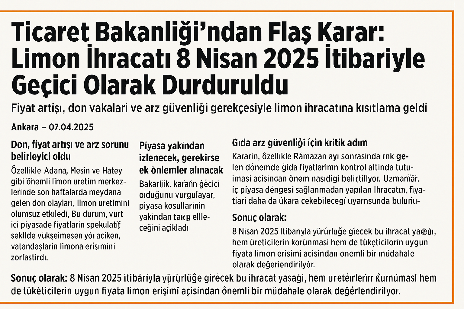 Limon İhracatı 8 Nisan’dan İtibaren Geçici Olarak Durduruldu