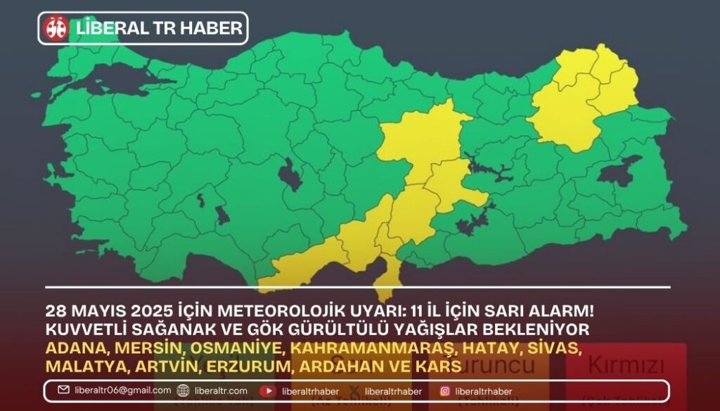 28 Mayıs 2025 İçin Meteorolojik Uyarı: 11 İl İçin Sarı Alarm! Kuvvetli Sağanak ve Gök Gürültülü Yağışlar Bekleniyor