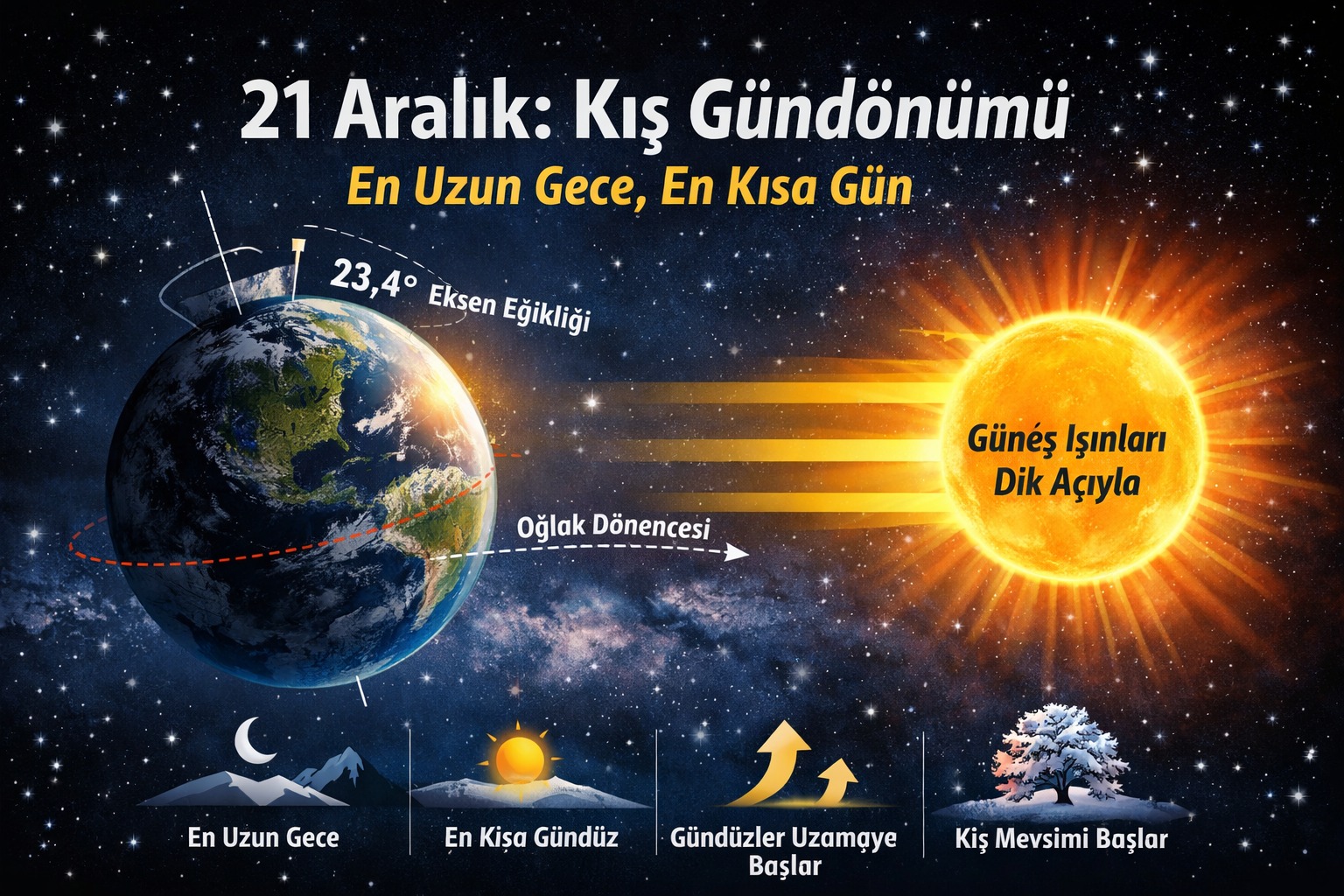 21 Aralık’ta 23,4° Eksende Kış Başlıyor: En Kısa Gündüz, En Uzun Gece