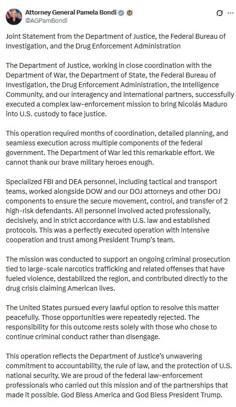 ABD’den Maduro Operasyonu Açıklaması: “Sonucun Sorumluluğu Suç Faaliyetlerini Sürdürmeyi Tercih Edenlere Aittir”