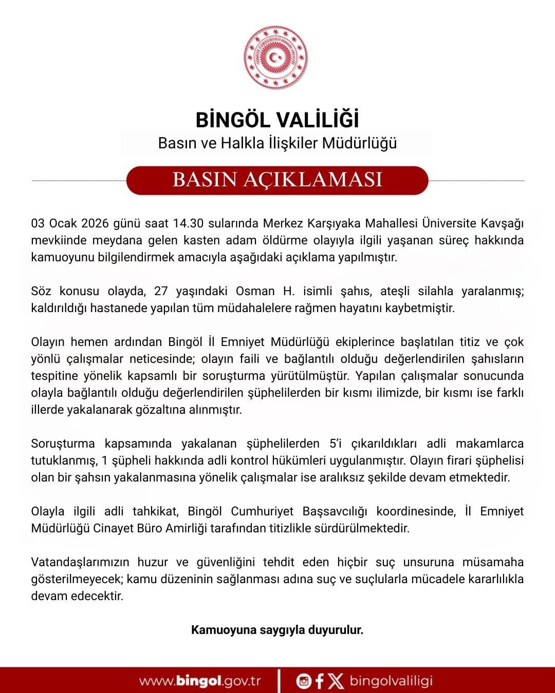 Bingöl’deki Cinayette 5 Tutuklama