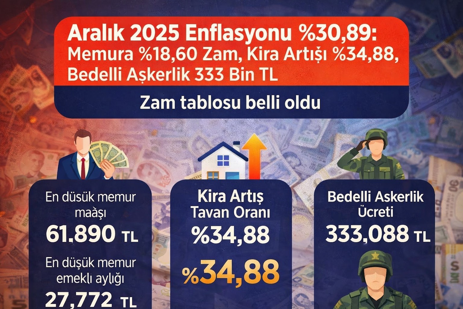 Aralık 2025 Enflasyonu Yüzde 30,89: Memura Yüzde 18,60 Zam, Kira Artışı Yüzde 34,88, Bedelli Askerlik 333 Bin TL