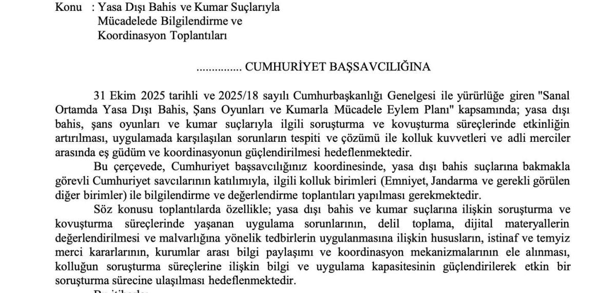 Adalet Bakanlığı’ndan 81 İl Başsavcılığına Yasa Dışı Bahis Yazısı