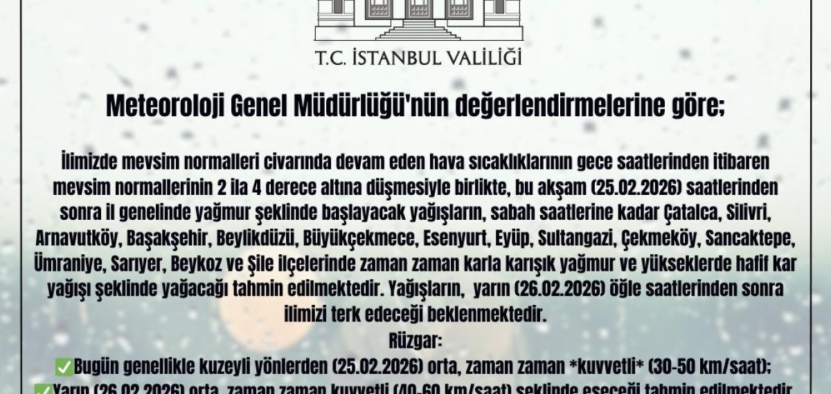 İstanbul Valiliğinden Kar Yağışı Uyarısı