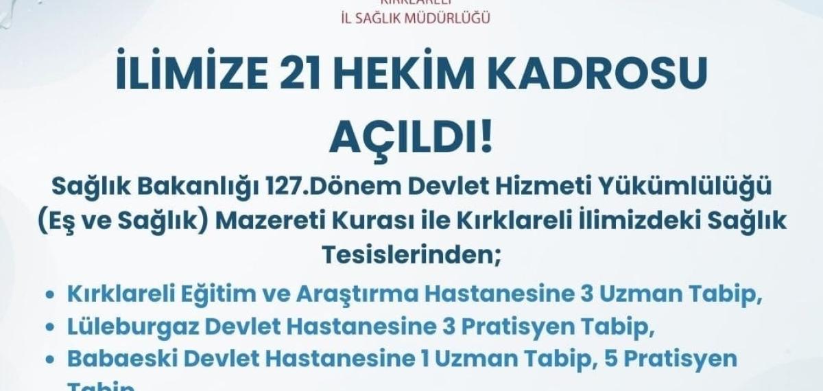 Kırklareli’ne 21 Hekim Kadrosu Tahsis Edildi