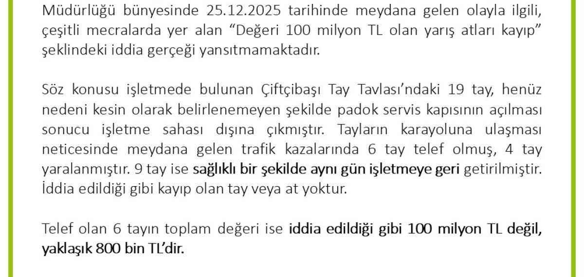 Tigem’den ’Değeri 100 Milyon Lira Olan Yarış Atları Kayıp’ İddialarına Yalanlama