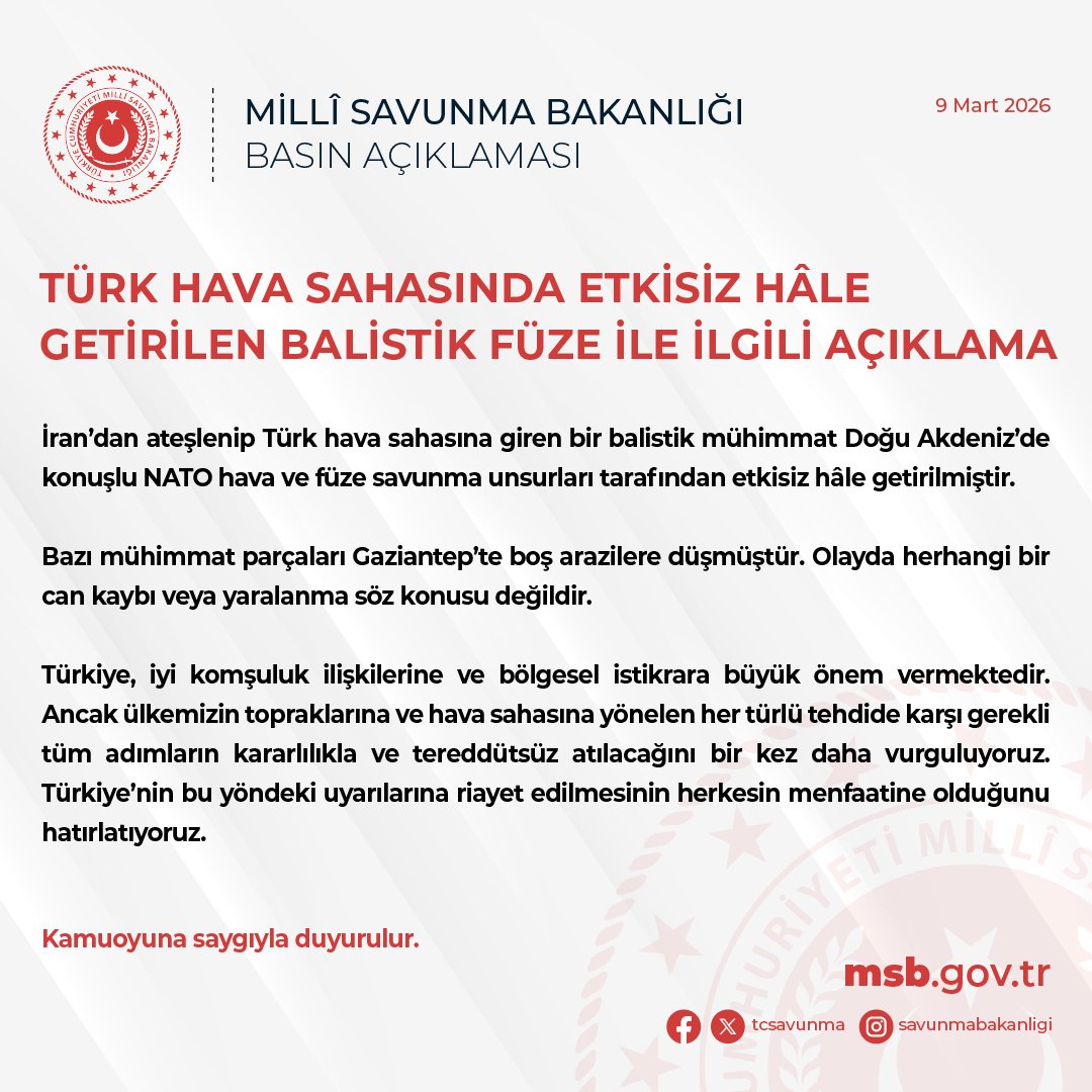 MSB: İran’dan Ateşlenen Balistik Mühimmat NATO Savunma Unsurları Tarafından Etkisiz Hale Getirildi