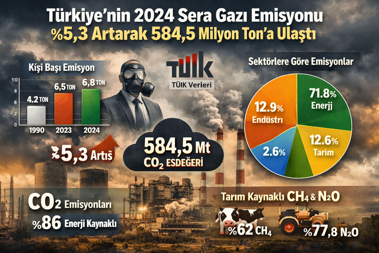 TÜİK Açıkladı: Türkiye’nin 2024 Sera Gazı Emisyonu Yüzde 5,3 Artarak 584,5 Mt’ye Ulaştı
