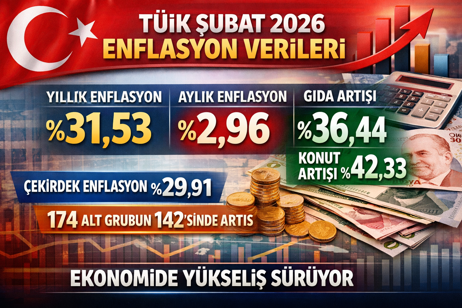 TÜİK Şubat 2026 Enflasyon Verilerini Açıkladı: TÜFE Yıllık Yüzde 31,53, Aylık Yüzde 2,96 Arttı