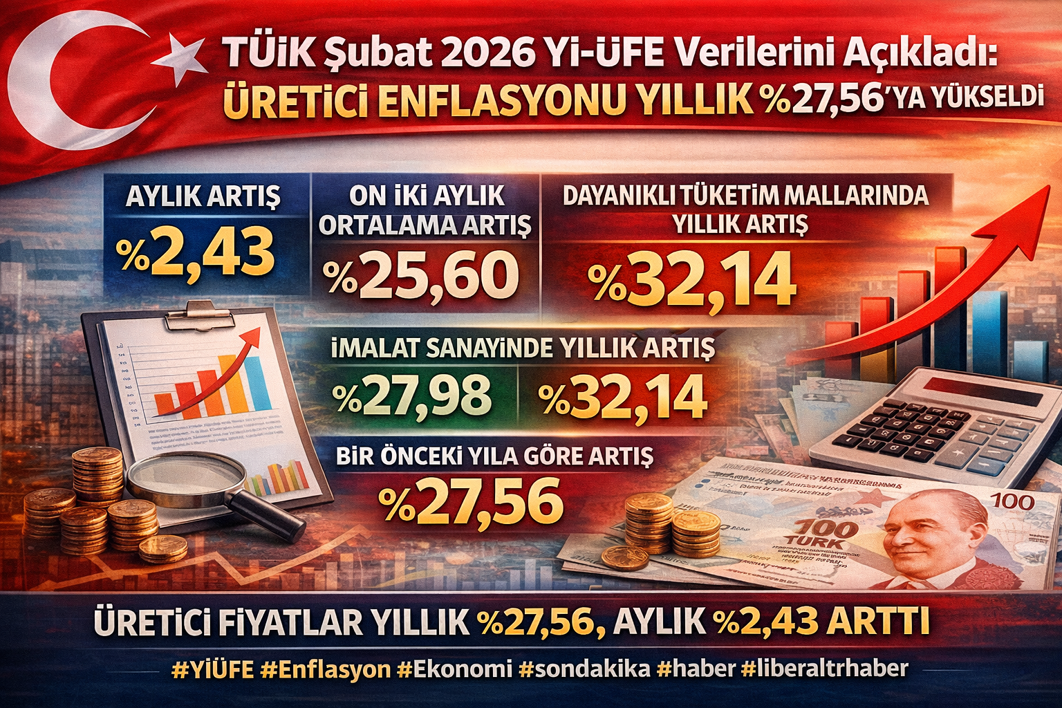 TÜİK Şubat 2026 Yİ-ÜFE Verilerini Açıkladı: Üretici Enflasyonu Yıllık Yüzde 27,56’ya Yükseldi