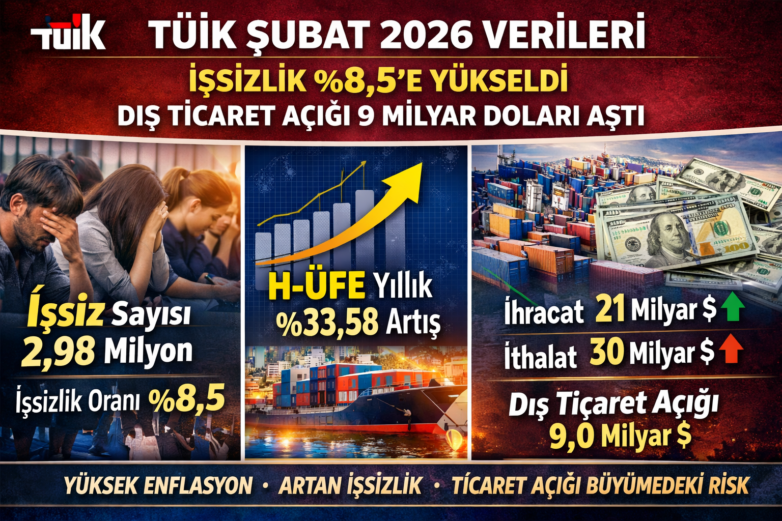 TÜİK Şubat 2026 Verileri: İşsizlik Yüzde 8,5’e Yükseldi, Dış Ticaret Açığı 9 Milyar Doları Aştı
