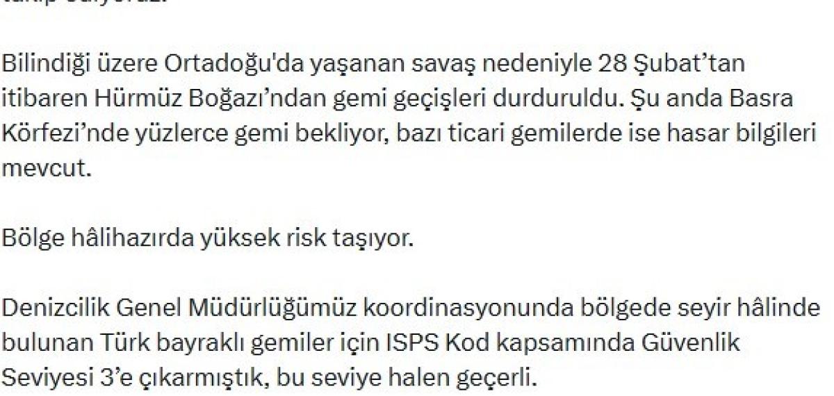 Bakan Uraloğlu: “Hürmüz Boğazı’ndaki ve Bölgedeki Su Yollarındaki Gelişmeleri Anbean Takip Ediyoruz”