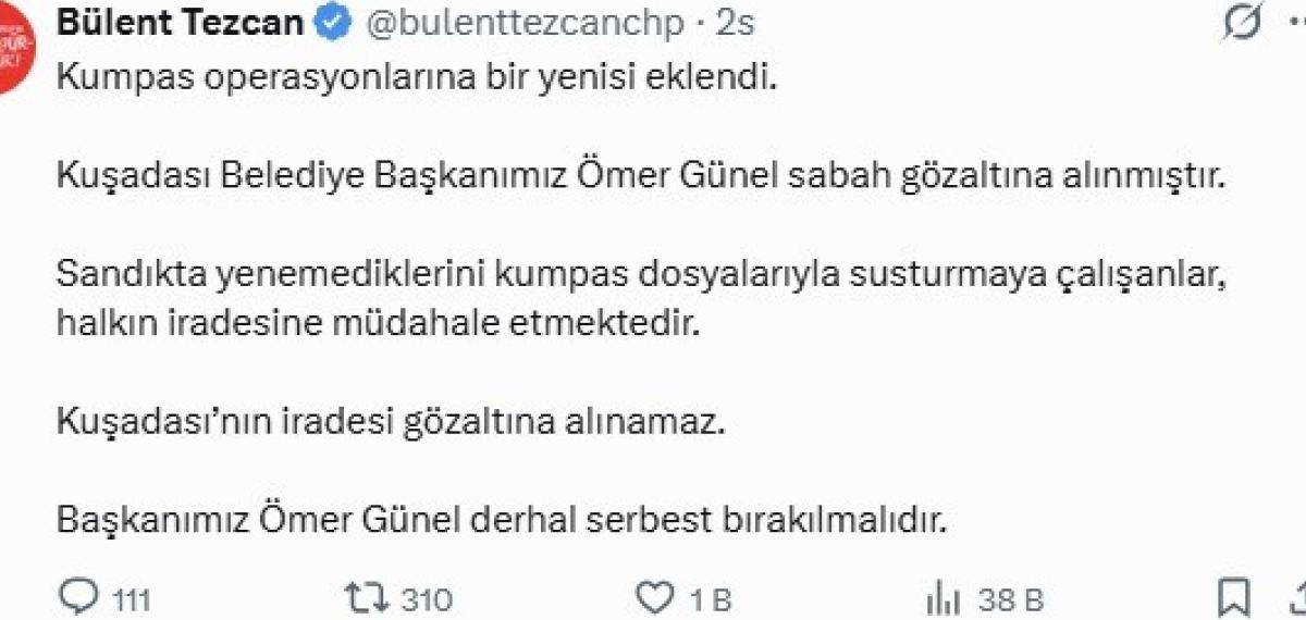 Kuşadası Belediye Başkanı Ömer Günel’in Gözaltına Alınmasına CHP’li Vekillerden Tepki