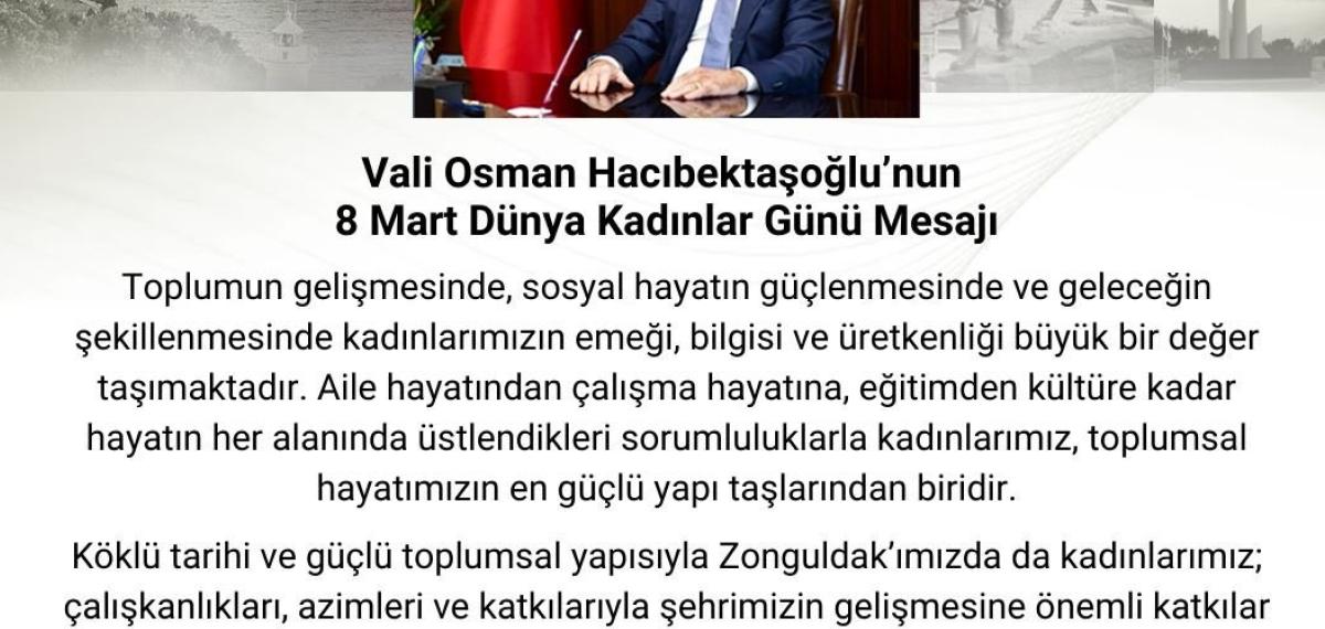 Vali Osman Hacıbektaşoğlu’ndan 8 Mart Mesajı: “Kadınlarımız Toplumsal Hayatın En Güçlü Yapı Taşlarıdır”
