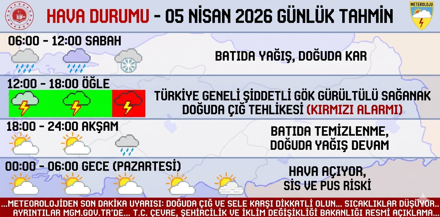 Meteoroloji Uyardı: 5 Nisan 2026 Hava Durumu Alarm Veriyor! Sağanak, Kar ve Çığ Riski