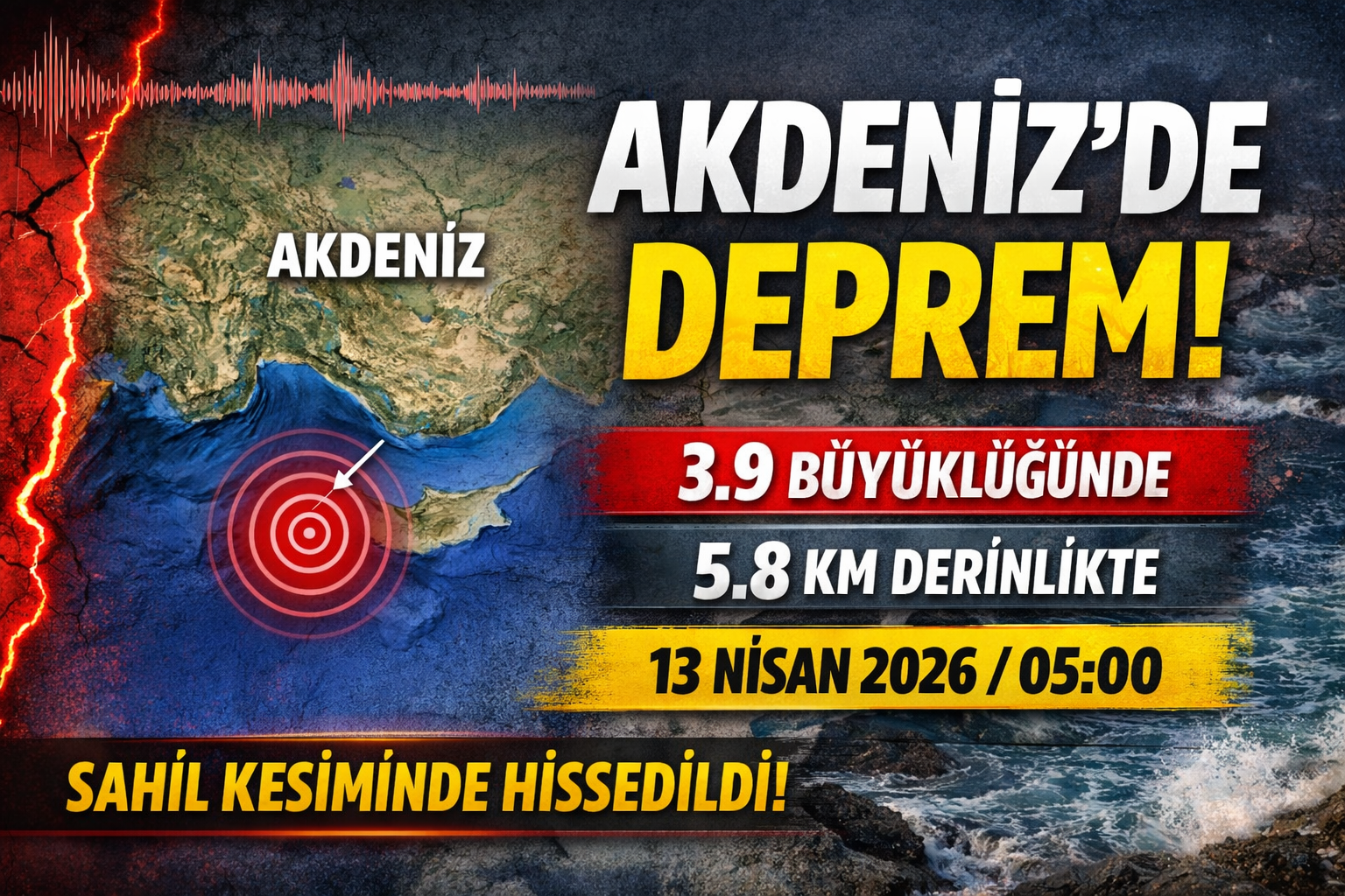 Akdeniz Açıklarında 3.9 Büyüklüğünde Deprem