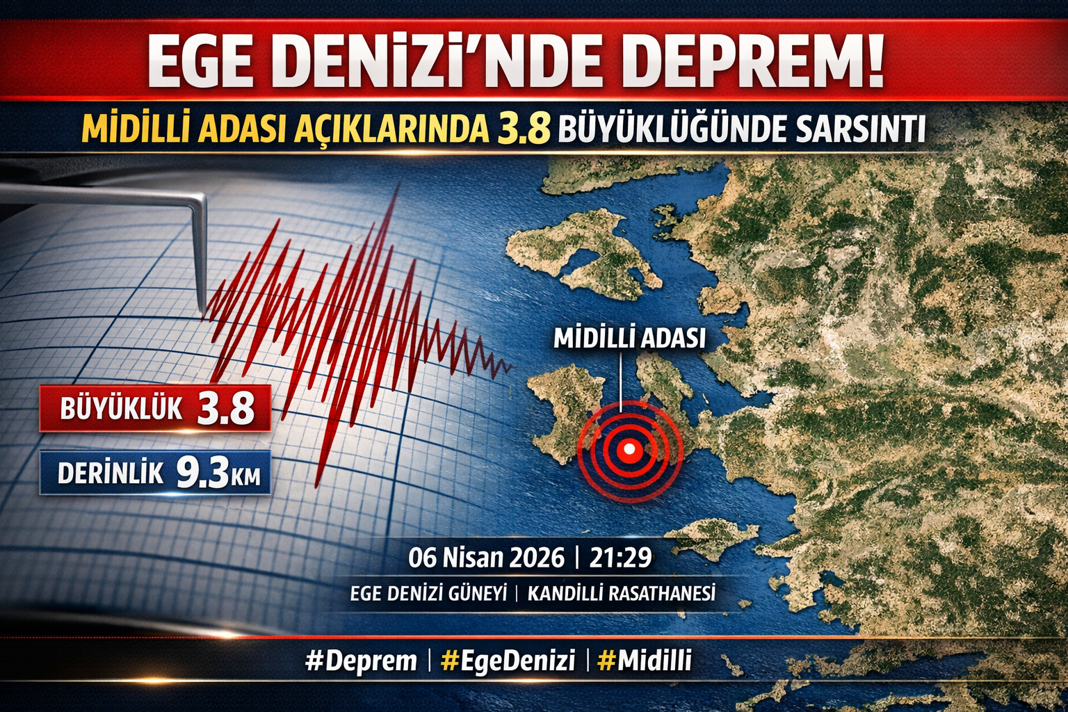 Ege Denizi Midilli Adası Açıklarında 3.8 Büyüklüğünde Deprem