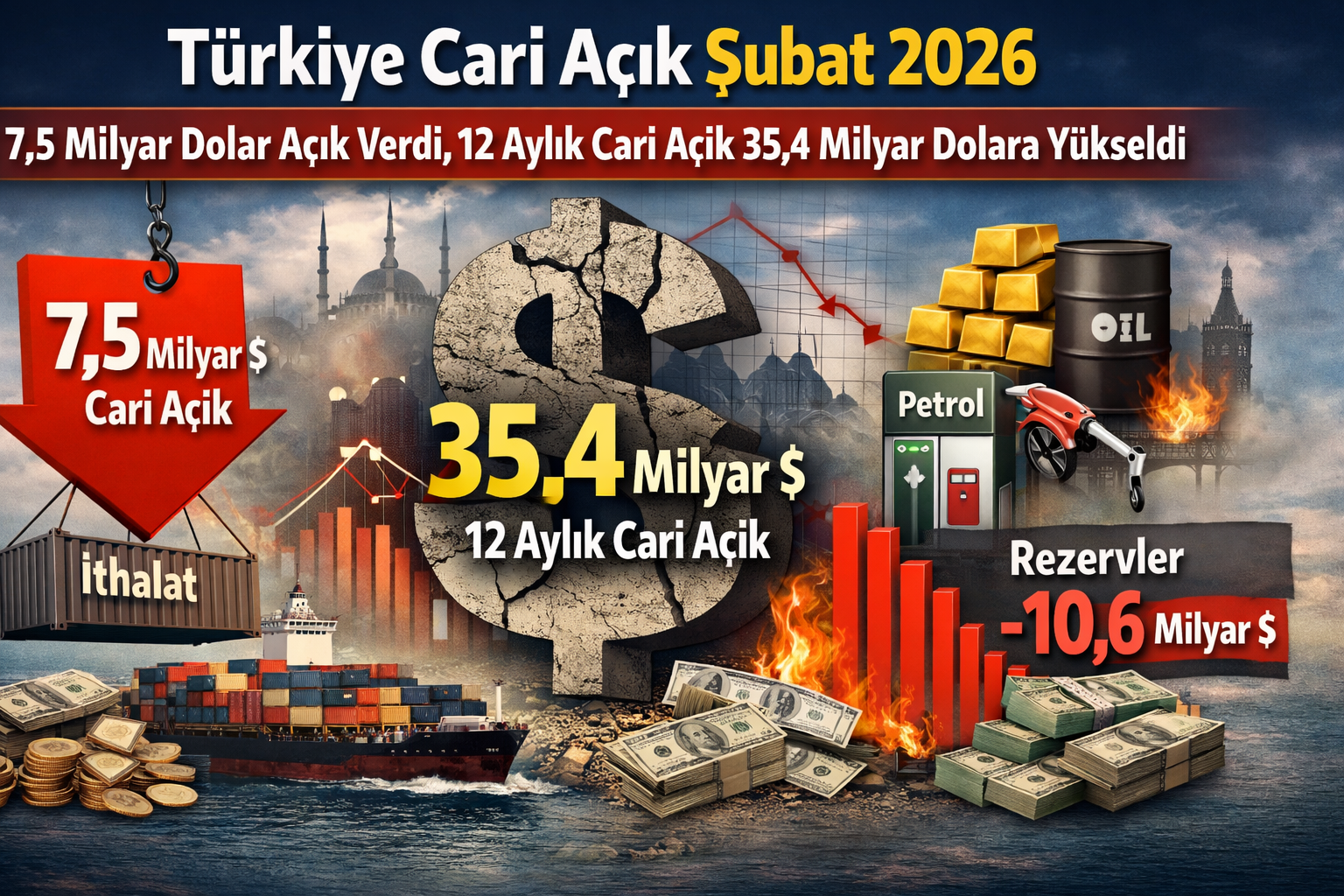Türkiye Cari Açık Şubat 2026: 7,5 Milyar Dolar Açık Verdi, 12 Aylık Cari İşlemler Açığı 35,4 Milyar Dolara Yükseldi