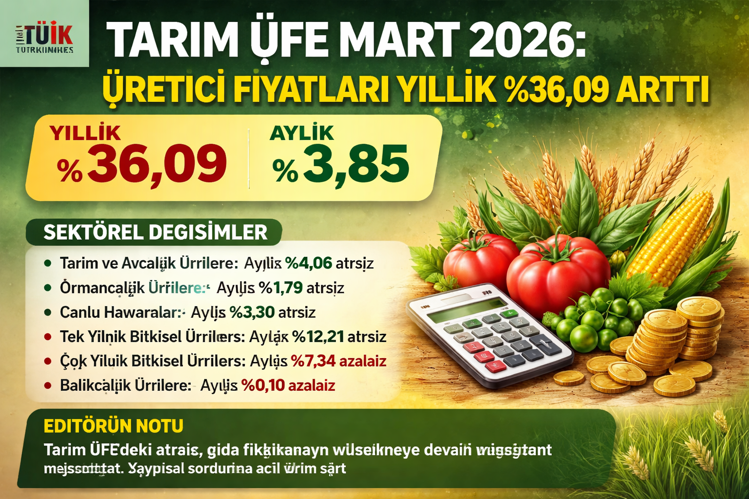 Tarım Ürünleri Üretici Fiyat Endeksi Mart 2026: Yıllık Yüzde 36,09 Artış, Üreticiyi Zorluyor