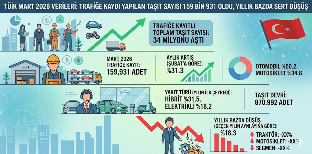 TÜİK Mart 2026 Verileri: Trafiğe Kaydı Yapılan Taşıt Sayısı 159 Bin 931 Oldu, Yıllık Bazda Sert Düşüş