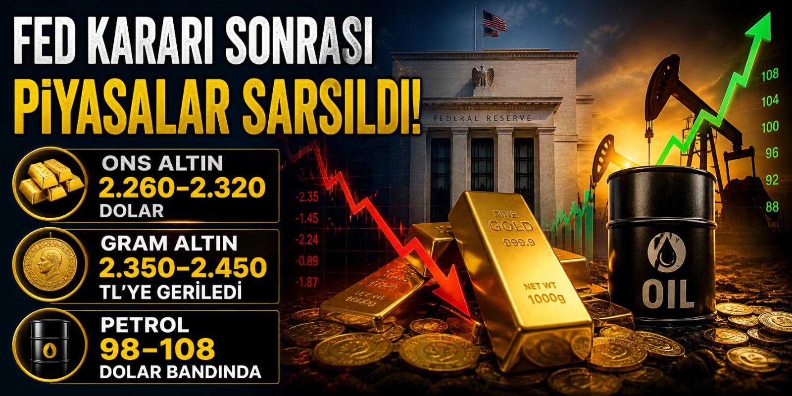 Fed Kararı Sonrası Piyasalar Sarsıldı: Ons Altın 2.260–2.320 Dolar, Gram Altın 2.350–2.450 TL’ye Geriledi; Petrol 98–108 Dolar Bandında