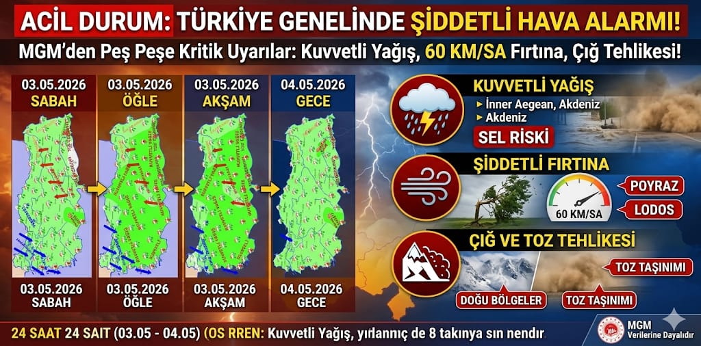 3 Mayıs 2026 Hava Durumu: Kuvvetli Yağış, Fırtına, Çığ ve Toz Taşınımı Uyarısı