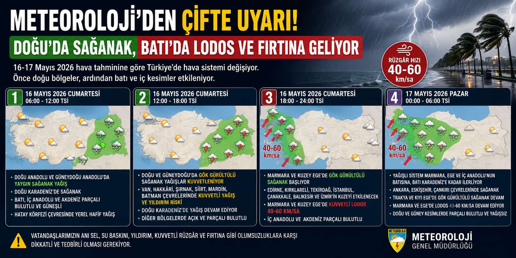 16 Mayıs 2026 Hava Durumu: Doğu’da Kuvvetli Sağanak, Batı’da Lodos ve Fırtına Geliyor