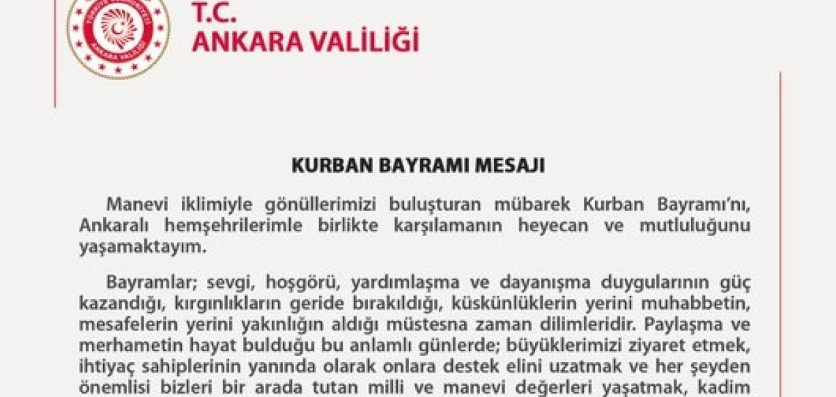 Ankara Valisi Canbolat’tan Kurban Bayramı Mesajı