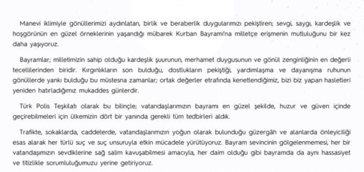 Emniyet Genel Müdürü Fidan’dan “Kurban Bayramı” Mesajı