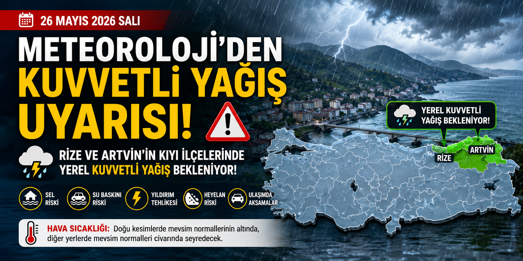 26 Mayıs 2026 Salı Günü Meteoroloji’den Kuvvetli Yağış Uyarısı: Rize ve Artvin İçin Kritik Alarm!