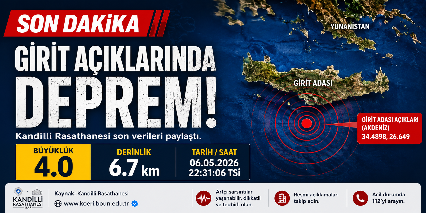 Girit Açıklarında 4.0 Büyüklüğünde Deprem