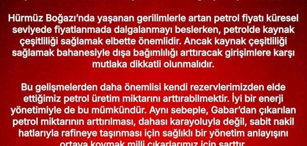 MHP’li Özdemir: “Gabar’dan Çıkarılan Petrolün Arttırılması ve Sabit Nakil Hatlarıyla Rafineye Taşınması İçin Sağlıklı Bir Yönetim Anlayışını Ortaya Koymak Milli Çıkarlarımız İçin Şarttır”