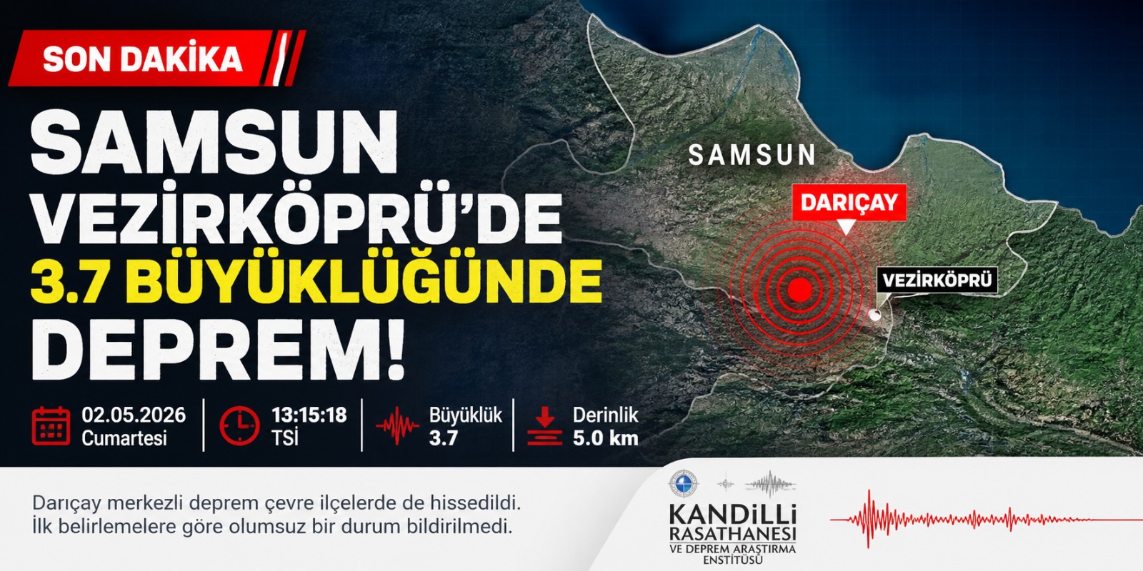 Samsun Vezirköprü’de 3.7 Büyüklüğünde Deprem