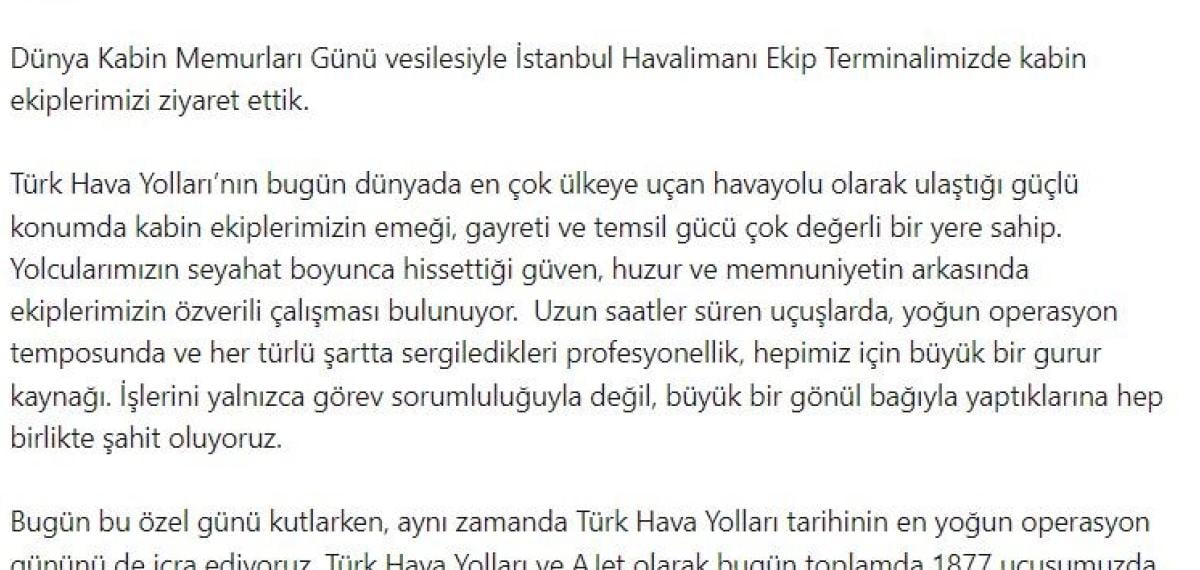 THY Yönetim Kurulu Başkanı Murat Şeker, Dünya Kabin Memurları Günü’nü Kutladı
