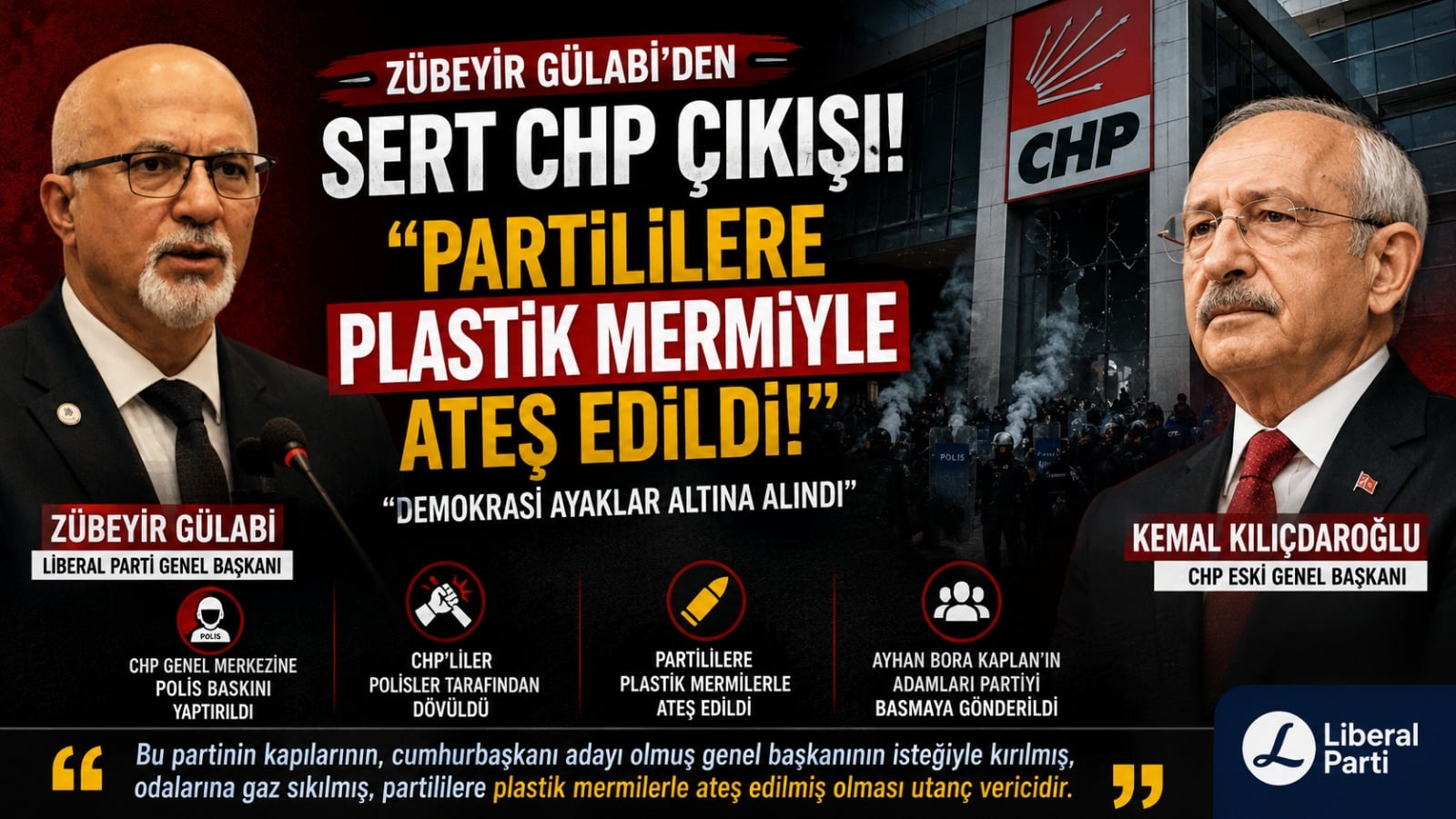 Liberal Parti Genel Başkanı Zübeyir Gülabi’den Sert CHP Çıkışı: “Partililere Plastik Mermiyle Ateş Edildi, Demokrasi Ayaklar Altına Alındı”
