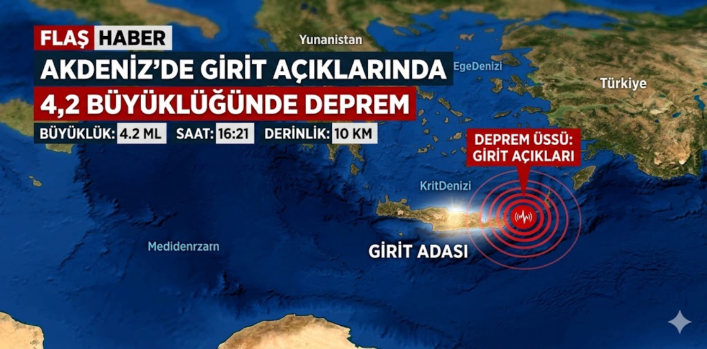 Akdeniz’de Girit Adası Açıklarında 4,2 Büyüklüğünde Deprem