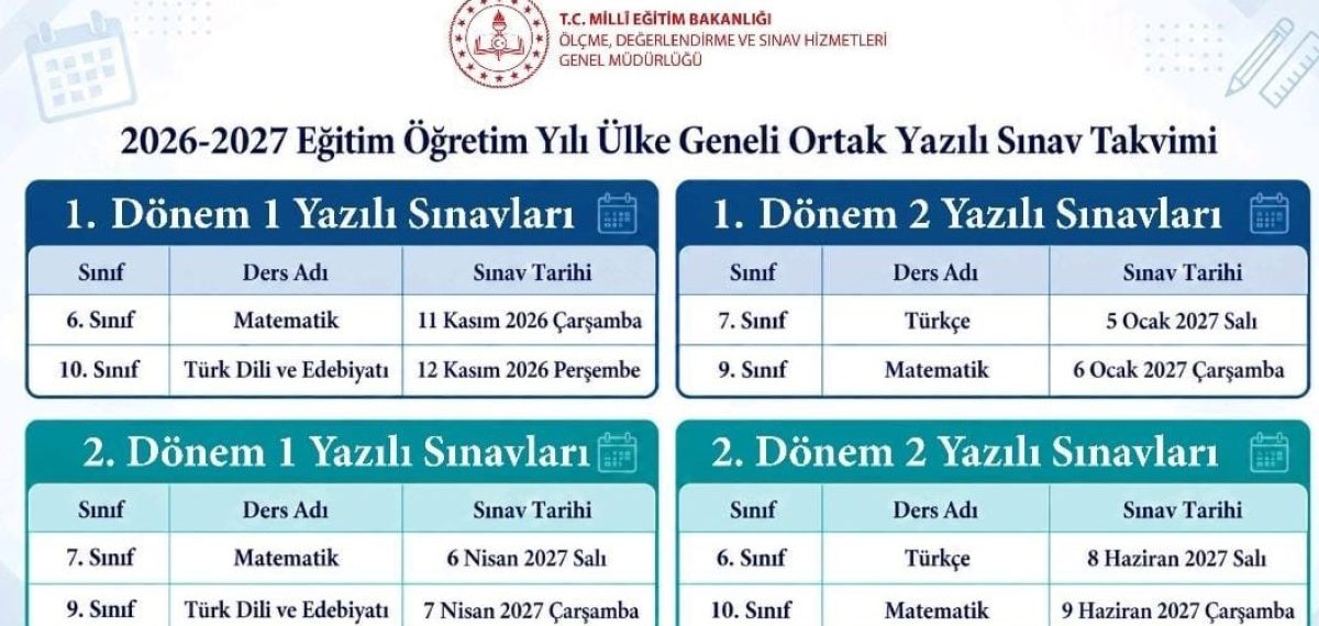 MEB, 2026-2027’de 6.,7.,9. ve 10. sınıflara sekiz ortak yazılı sınav takvimini açıkladı