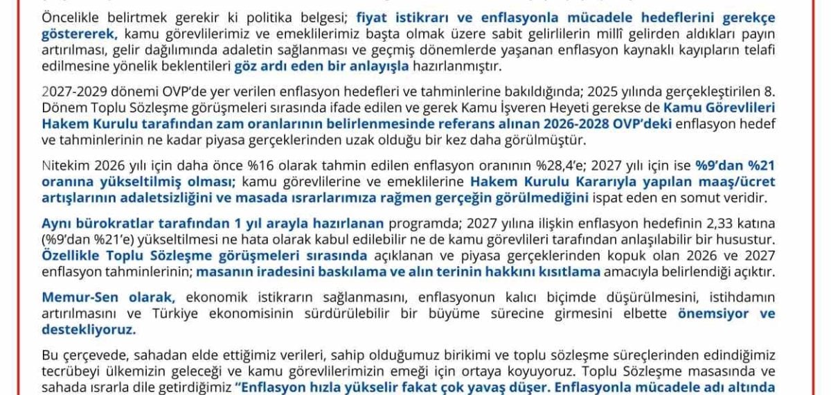Memur‑Sen’den OVP eleştirisi: Emekli ve memur maaşlarında adalet talebi