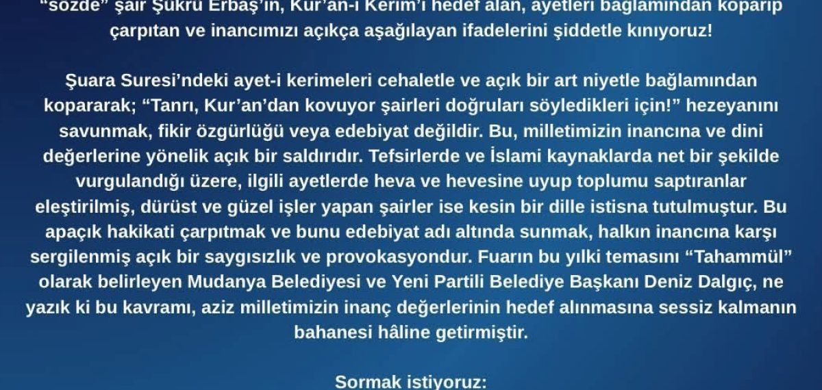 Mudanya Kitap Fuarı’nda Şükrü Erbaş’ın Şuara Suresi sözlerine AK Parti’den tepki