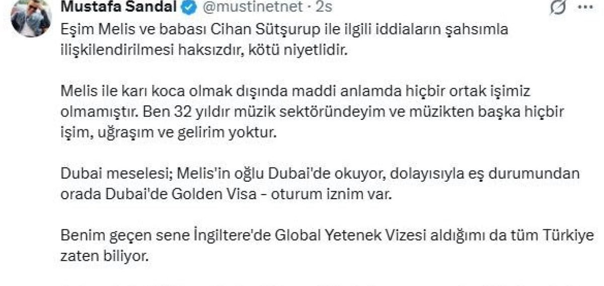 Mustafa Sandal eşine ilişkin fon iddialarına sosyal medyadan yanıt verdi