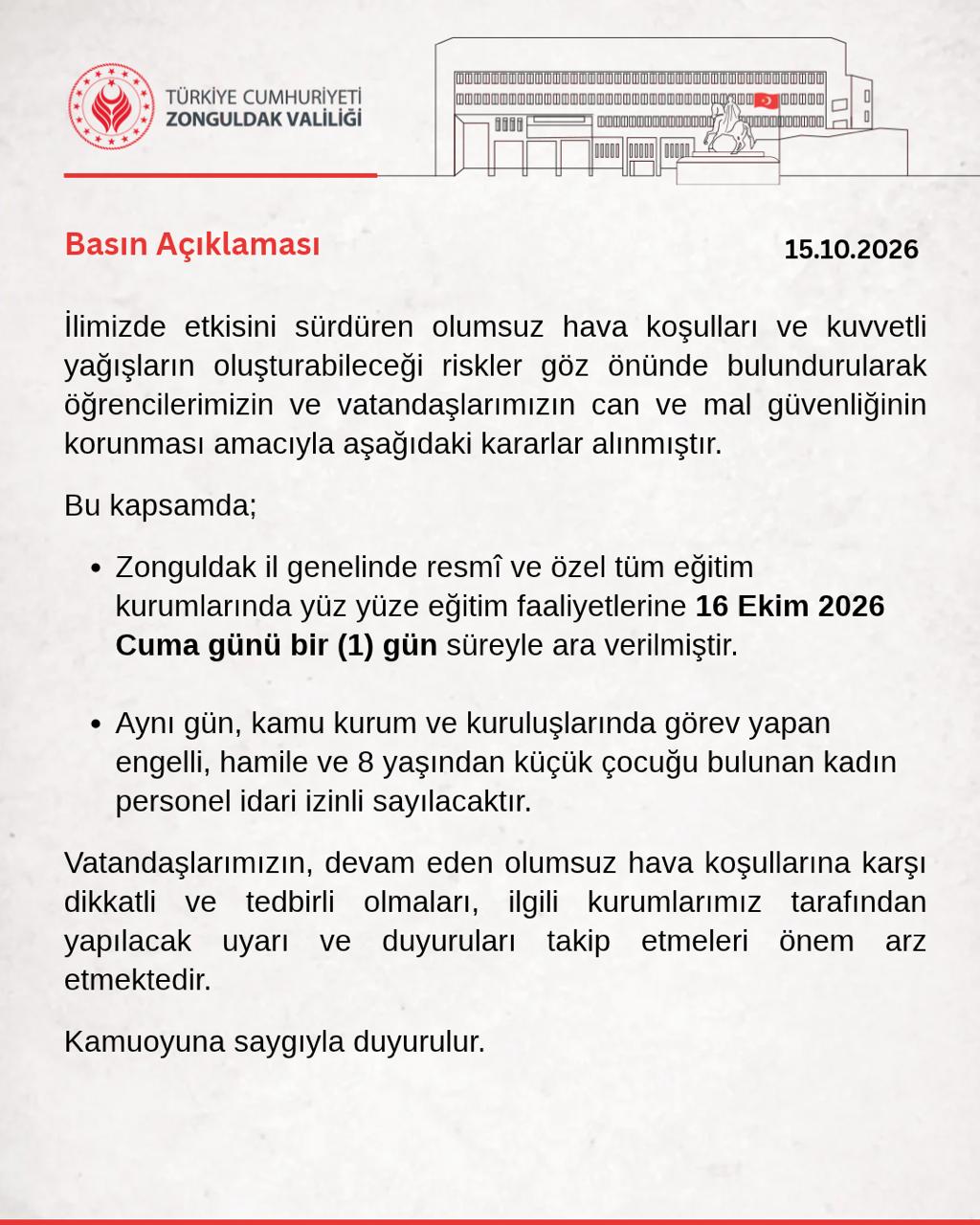 Zonguldak’ta Eğitime Yağış Engeli: Okullar 16 Ekim’de Tatil