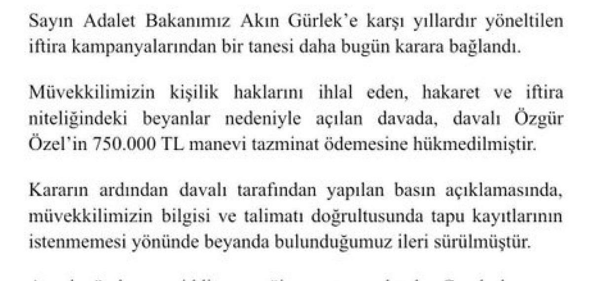 Akın Gürlek’e yönelik sözler sonucu Özgür Özel 750 bin lira tazminata mahkum edildi