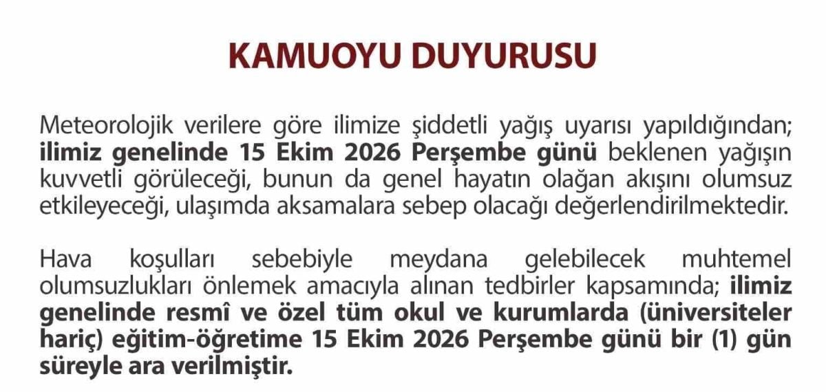 Düzce’de kuvvetli sağanak uyarısı üzerine okullara bir günlük ara verildi