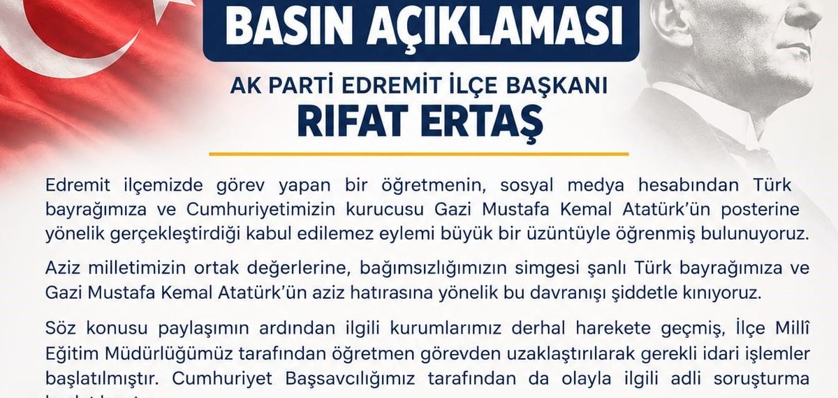 Edremit’te öğretmenin bayrak ve Atatürk posterine yönelik paylaşımı sonrası işlem başlatıldı