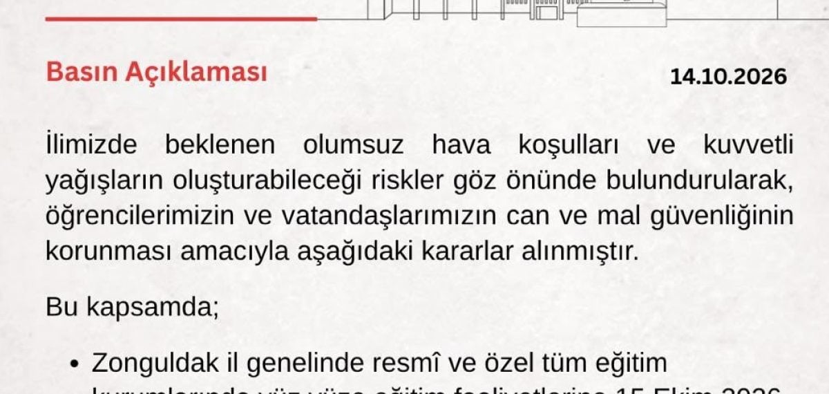 Zonguldak’ta kuvvetli yağış nedeniyle 15 Ekim’de tüm okullarda eğitim tatil